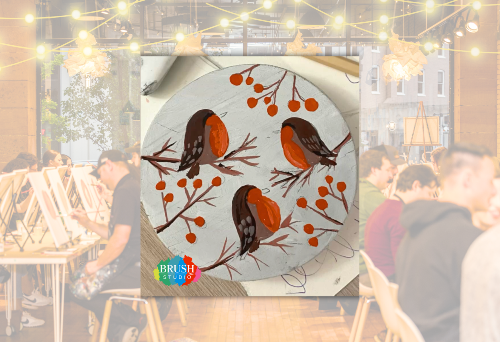 Brush Studio Paint & Sip - Winter Robins on Wooden Board
